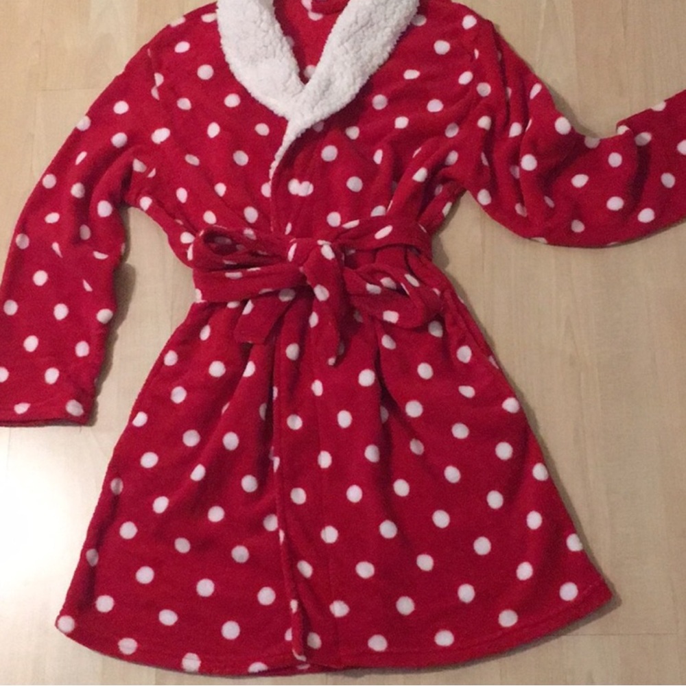 Red Polkadot Medium Robe Wrap  DF Dearfoams Soft Plush Sherpa Collar Short GUC